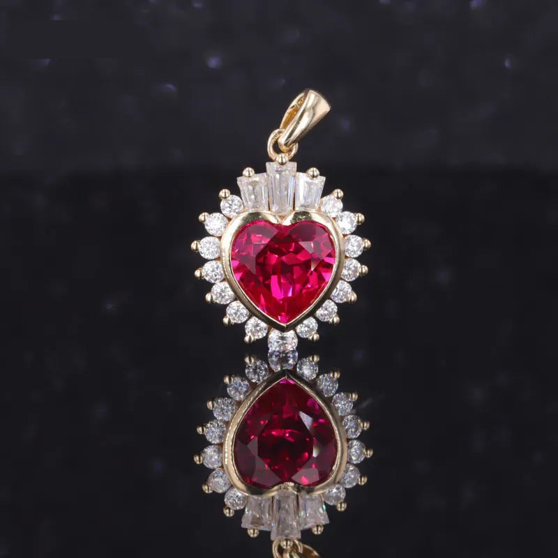 7mm, 2.00ct Heart Lab-Grown Red Ruby Pendant with Diamond Accents in 14K Yellow Gold