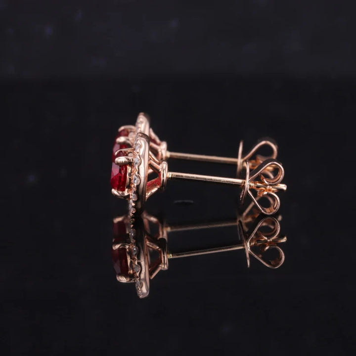 4.5mm, 0.50ct Each Round Lab-Grown Red Ruby with Diamond Halo Earrings in 14K Rose Gold