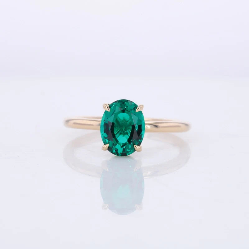 7*9mm Oval Cut Emerald Solitaire Ring in 14K Solid Yellow Gold