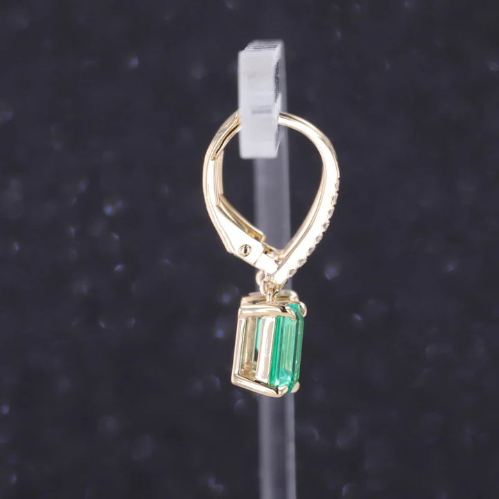 5x7mm, 1.00ct Each Lab-Grown Colombian Emerald Dangle Earrings with Diamonds in 10K Yellow Gold