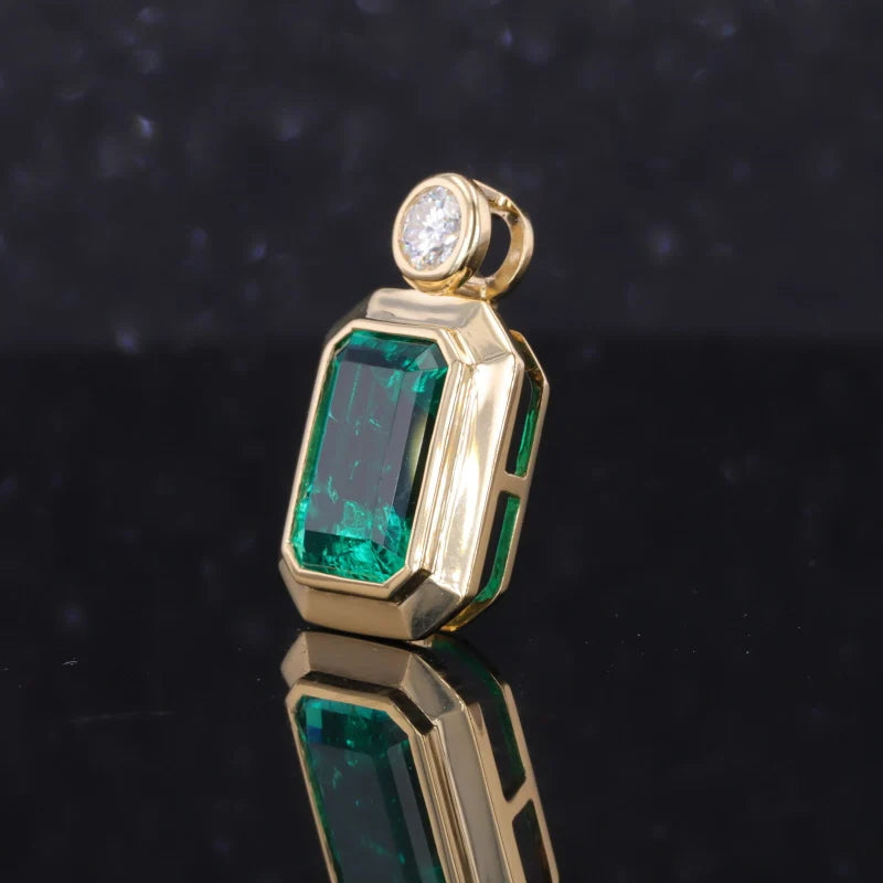 7x10mm, 2.50ct Lab-Grown Colombian Emerald with Diamond Pendant in 18K Yellow Gold