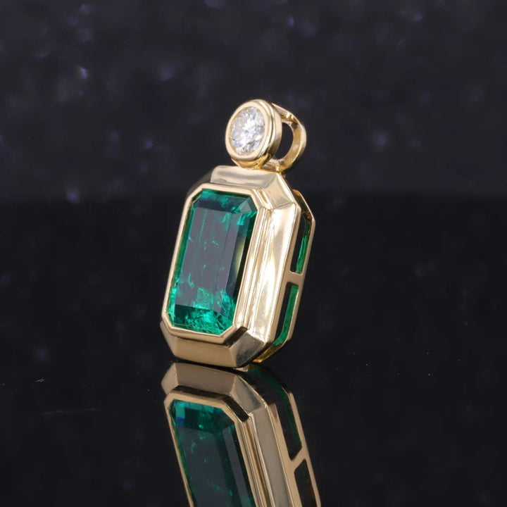 7x10mm, 2.50ct Lab-Grown Colombian Emerald with Diamond Pendant in 18K Yellow Gold