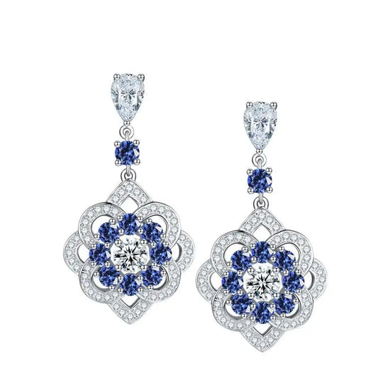 Blue and White Sapphire Vintage Dangle Earrings in Platinum-Plated 925 Sterling Silver