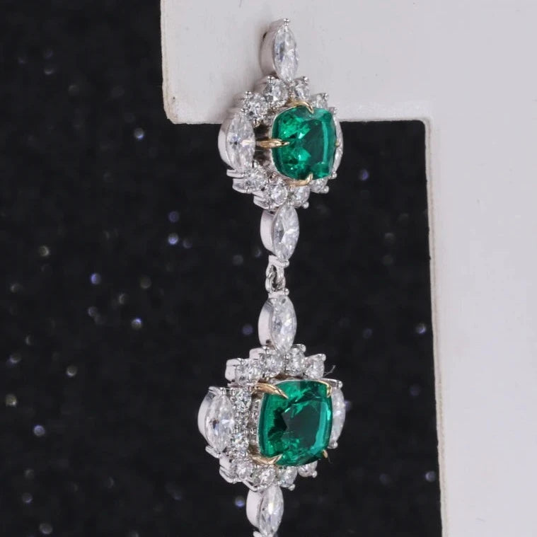 7mm, 1.50ct and 5mm, 0.75ct Cushion Lab-Grown Colombian Emerald with Moissanite Accents Dangle Earrings in 14K White Gold