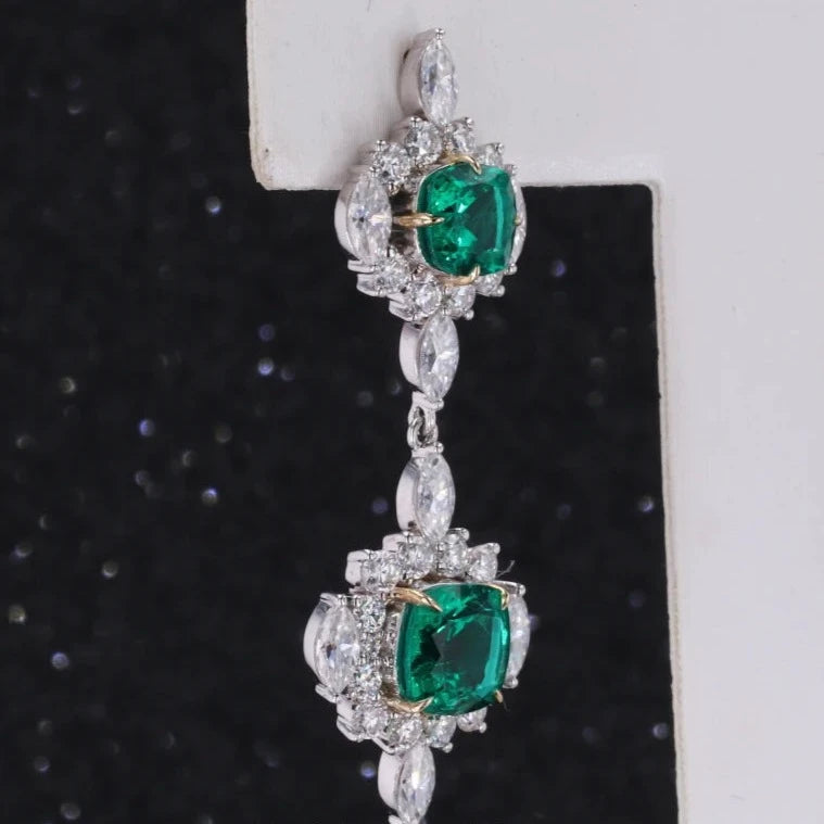 7*7mm Cushion Cut Emerald and Moissanite Dangle Earrings in 14K Solid White Gold