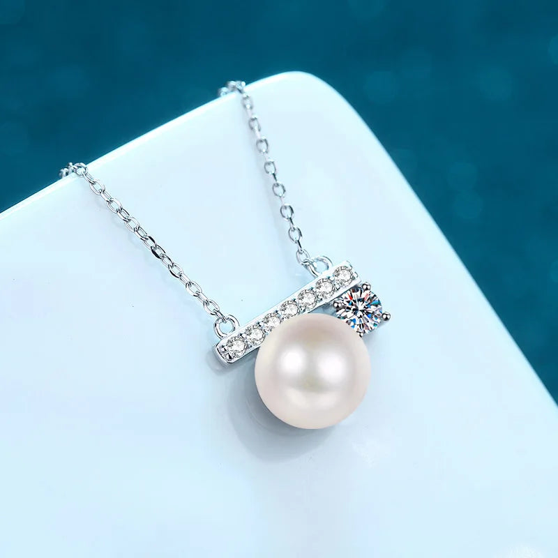 Pearl Moissanite L Design Pendant Necklace in Platinum plated 925 silver