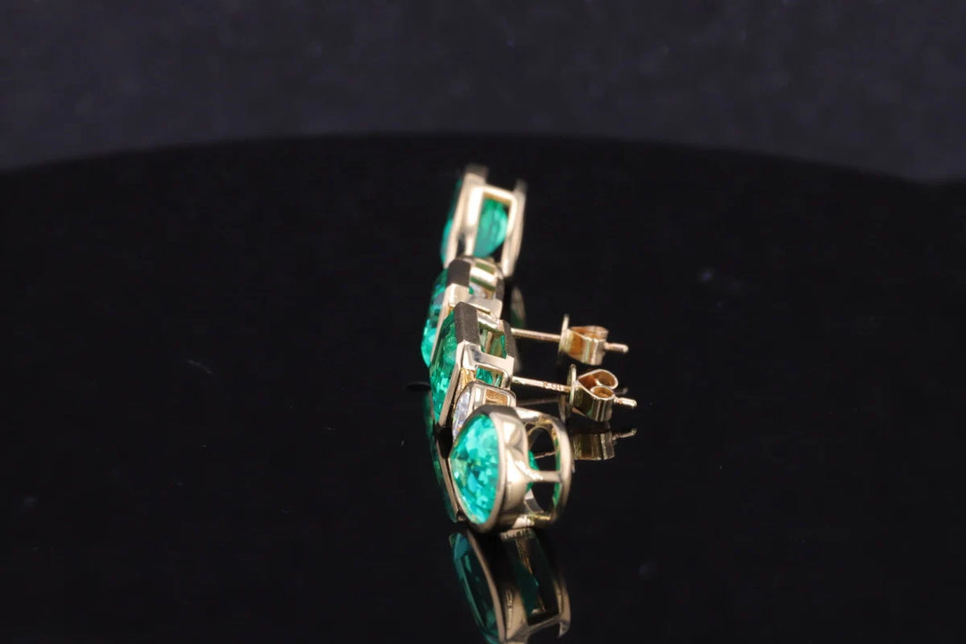 8x12mm Pear & 7x9mm Emerald Cut 4.90ctw Lab-Grown Colombian Emerald Bezel-Set Dangle Earrings with Diamond in 14K Yellow Gold