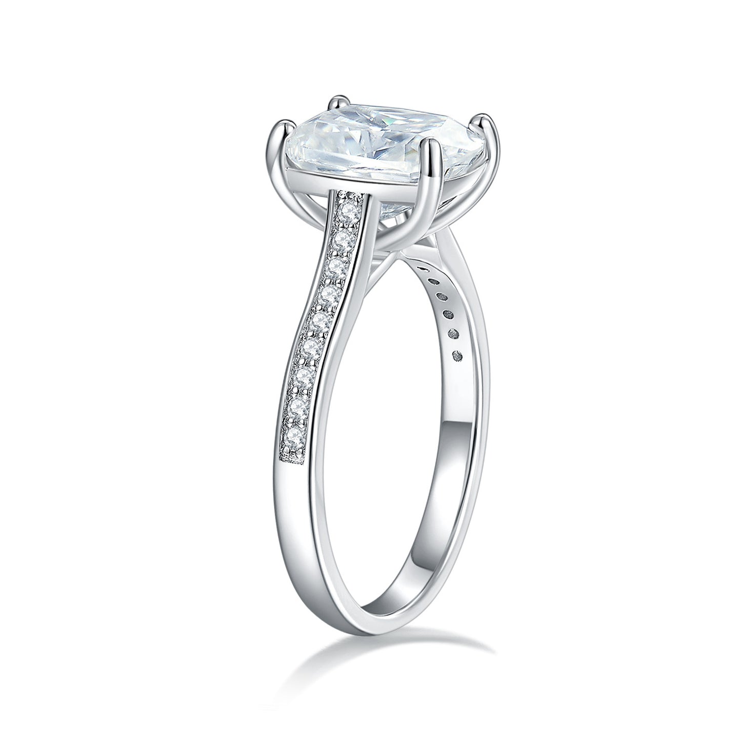 Elongated Cushion Moissanite Ring with Accent in White Gold-Plated 925 Silver