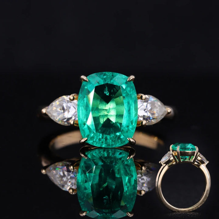 8x10mm, 3.00ct Cushion Lab-Grown Colombian Emerald with Diamonds Three-Stone Ring in 14K Yellow Gold