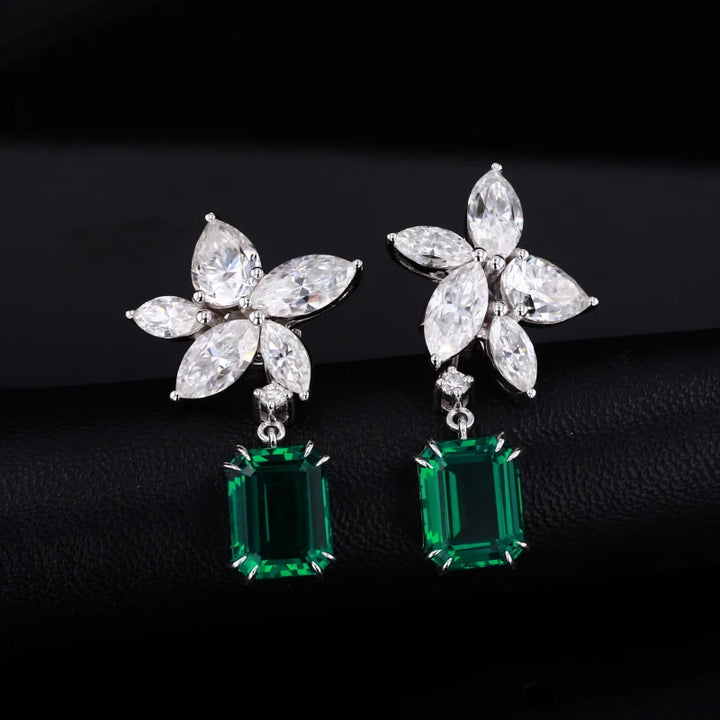 5x7mm, 1.00ct Each Lab-Grown Zambian Emerald Dangle Earrings with Marquise Diamond Flower in 14K White Gold
