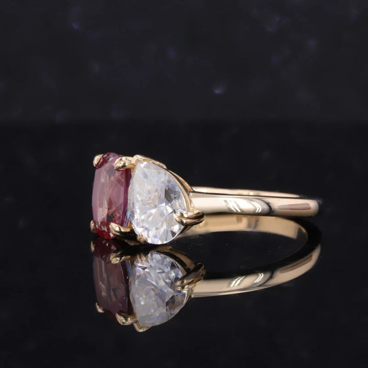 6*8mm Cushion Cut Alexandrite and 6*8mm Pear Cut Moissanite Toi Et Moi Ring in Solid 10K Yellow Gold