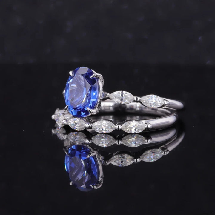 5x7mm, 1.10ct Oval Lab-Grown Blue Sapphire with Marquise Diamond 5-Stone Ring with Stacking Band in 14K White Gold