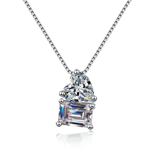 2ct Heart Cut and Emerald Moissanite Pendant with Box Chain in Platinum Plated 925 Silver
