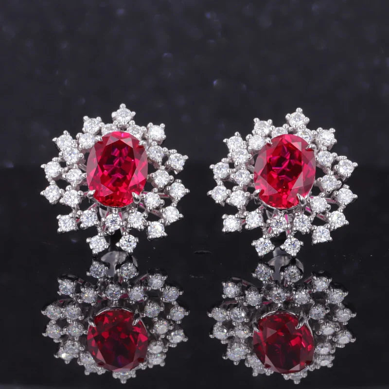 7*9mm Oval Cut Red Ruby Moissanite Earring in 14K Solid White Gold