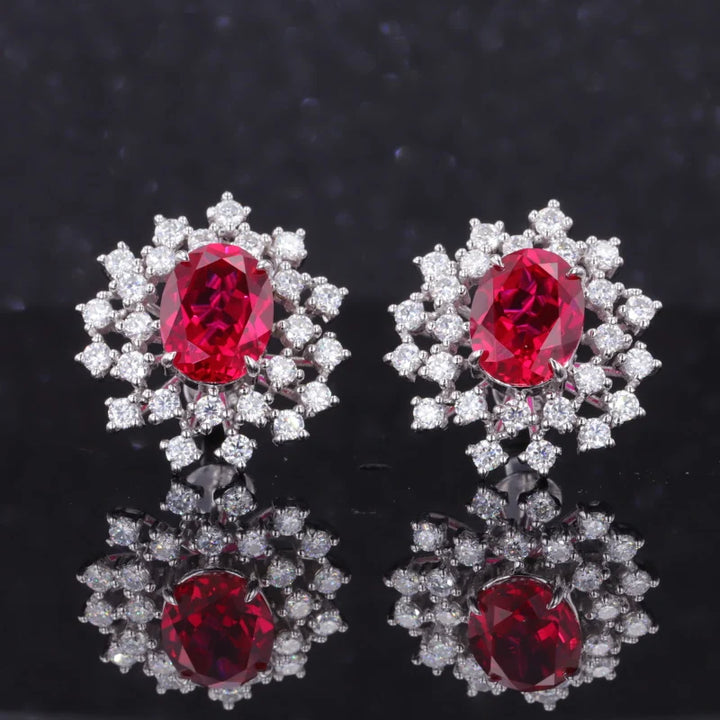 7x9mm, 2.50ct Each Oval Lab-Grown Red Ruby with Diamond Halo Earrings in 14K White Gold