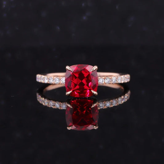 7*7mm Asscher Cut Red Ruby with Half-Eternity Moissanite Ring in 14K Solid Rose Gold