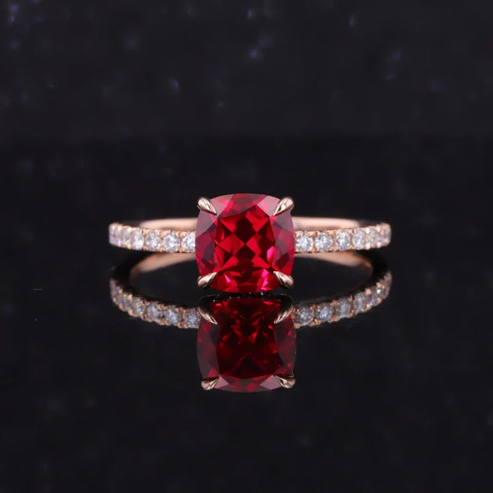 7mm, 2.00ct Asscher Lab-Grown Ruby with Half-Eternity Diamond Ring in 14K Rose Gold