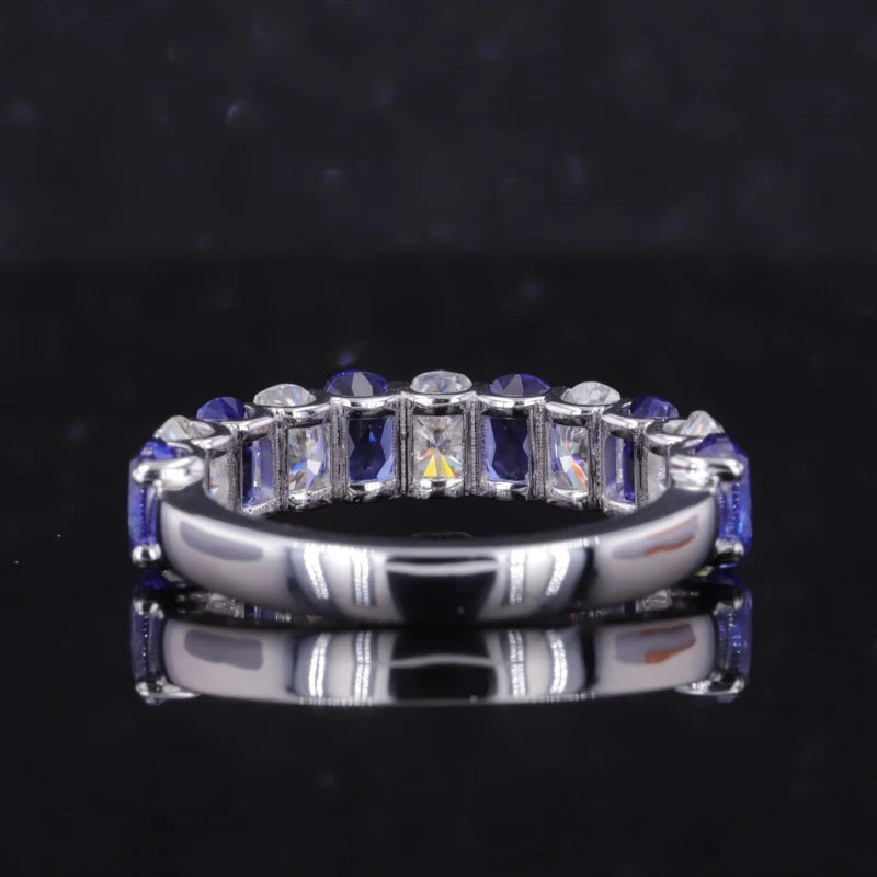 3x5mm, 3.35ctw Oval Lab-Grown Blue Sapphire & Diamond Alternating Half-Eternity Ring in 14K White Gold