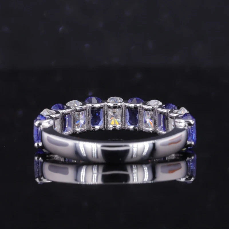 5*3mm Oval Cut Blue Sapphire and Moissanite Half Eternity Ring in 14K Solid White Gold