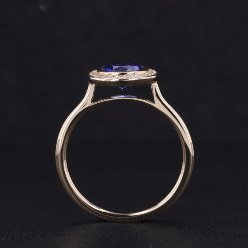 7*9mm Oval Cut Blue Sapphire Ring with Diamond Halo in 14K Solid Yellow Gold