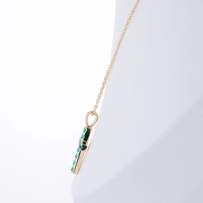 2mm, 0.80ctw Lab-Grown Colombian Emerald Cross Pendant Necklace in 14K Yellow Gold