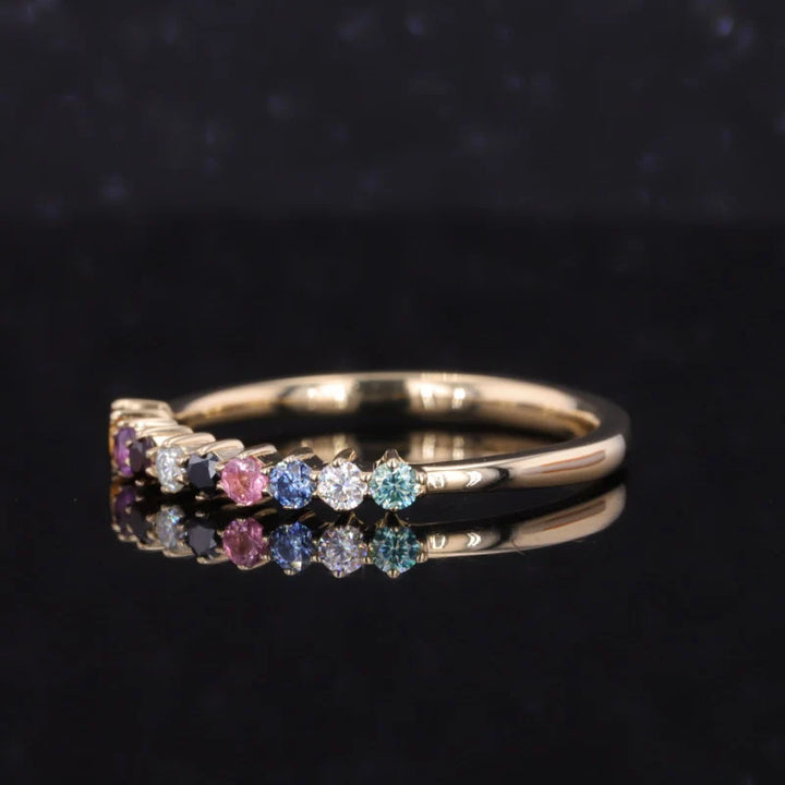 2mm, 1.10ctw Round Natural Multicolor Sapphires Half-Eternity Rainbow Ring in 14K Yellow Gold