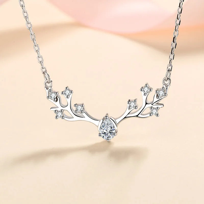 0.35ct Pear Cut Antler Pendant with Rolo Necklace in Platinum Plated 925 Silver