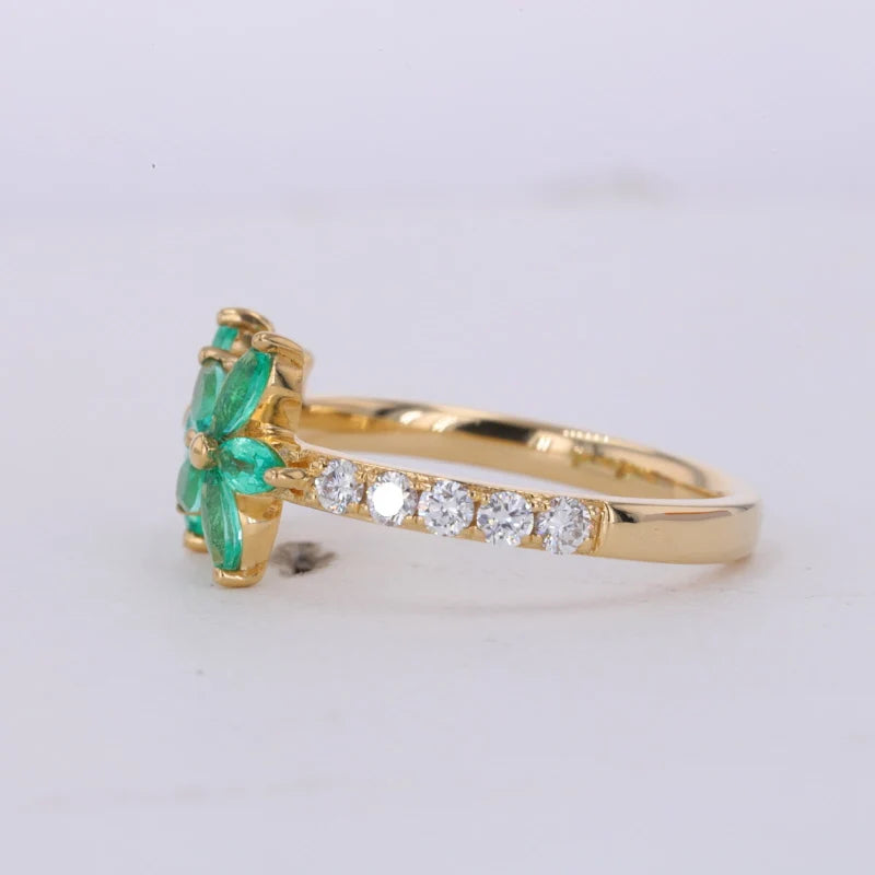Flower Emerald Cut Colombian Green Emerald with Half Eternity Ring in 18K Yellow Gold