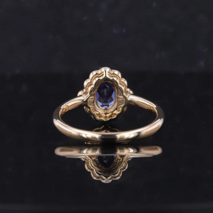 5x7mm, 1.00ct Oval Lab-Grown Blue Sapphire with Diamond Halo Vintage Ring in 14K Yellow Gold