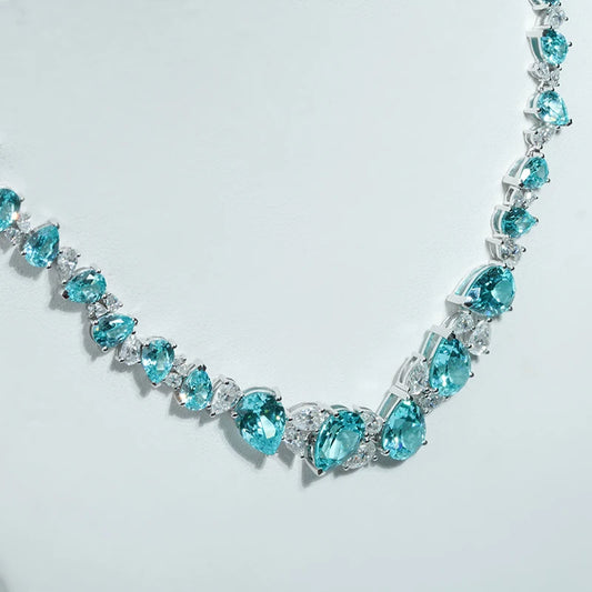 21.651ct Pear Cut Paraiba and Moissanite Necklace with 14K Solid White Gold