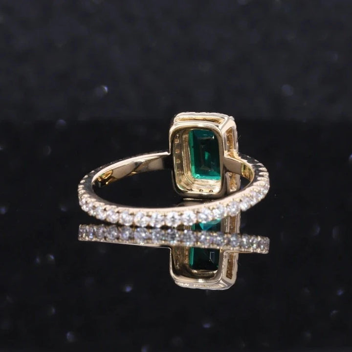 5x7mm, 1.00ct Lab-Grown Zambian Emerald with Diamond Halo/Full-Eternity Band Ring in 14K Yellow Gold