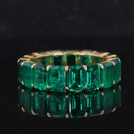 4*6mm Emerald Cut Colombian Green Emerald Eternity Ring in 18K Solid Yellow Gold