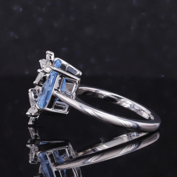 7x9mm, 2.50ct Emerald Lab-Grown Light Blue Sapphire with Diamond Butterflies Ring in 14K White Gold