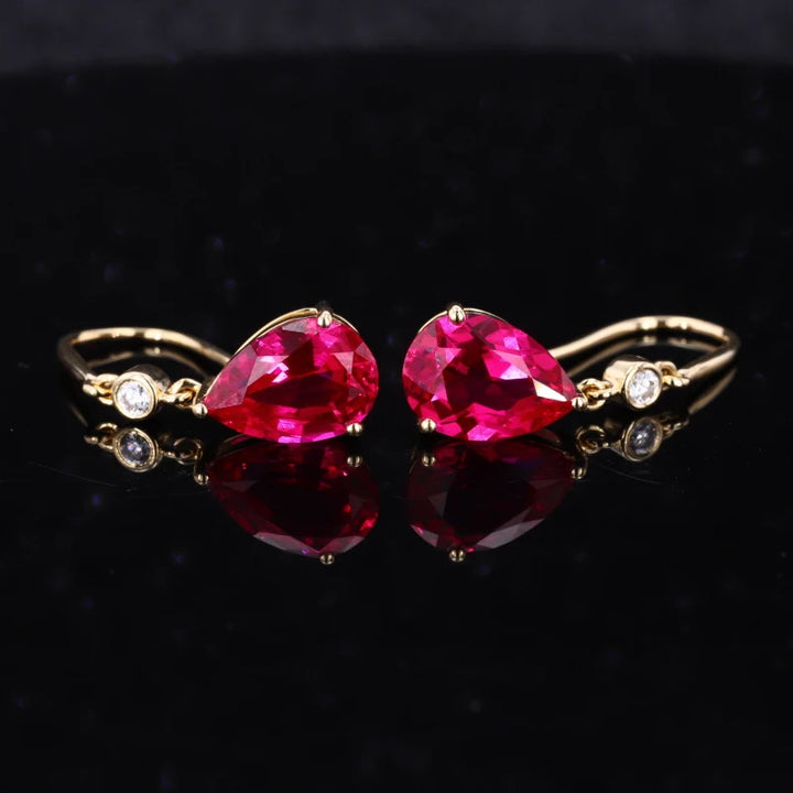 5x7mm, 1ct Each Pear Lab-Grown Ruby with Accent Diamond Dangle Earrings in 14K Yellow Gold