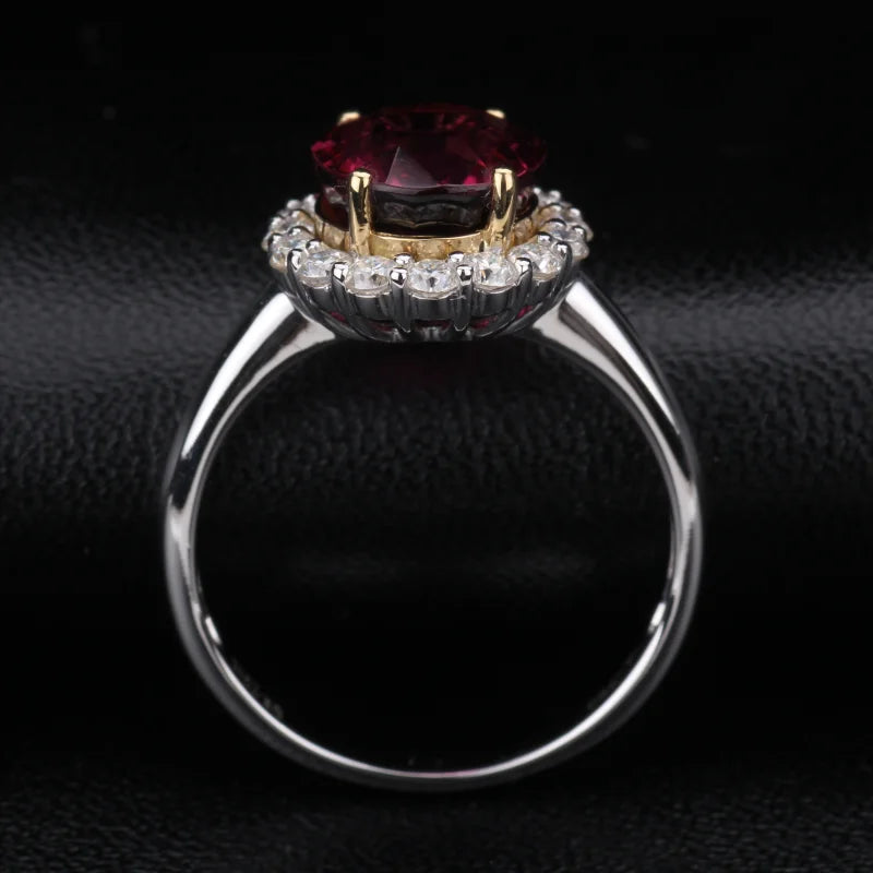 Oval lab ruby diamond halo ring, view 3