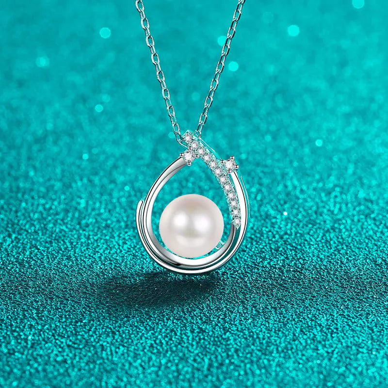 9mm Pearl and Moissanite Dangle Pear Pendant Necklace in Platinum Plated 925 Silver