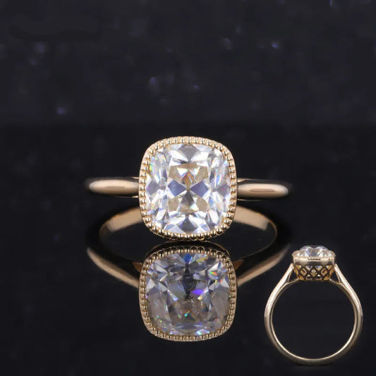 8.5*9mm Old Mine Cut Bezel-Set Moissanite Vintage Ring in 10K Solid Yellow Gold