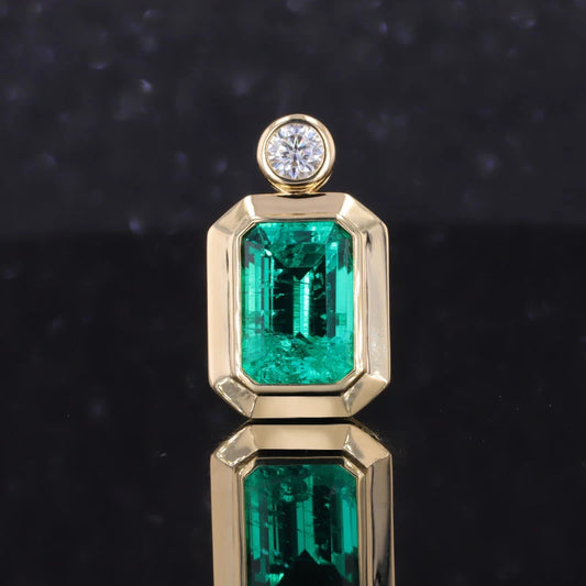 7x10mm, 2.50ct Emerald Cut Colombian Emerald with Diamond Pendant in 18K Solid Yellow Gold