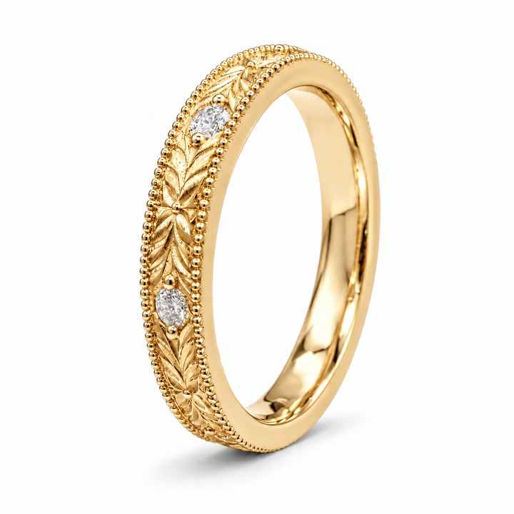 Hand-Carved Diamond Vintage Solid Gold Band (3mm) angle view in 14K Yellow Gold