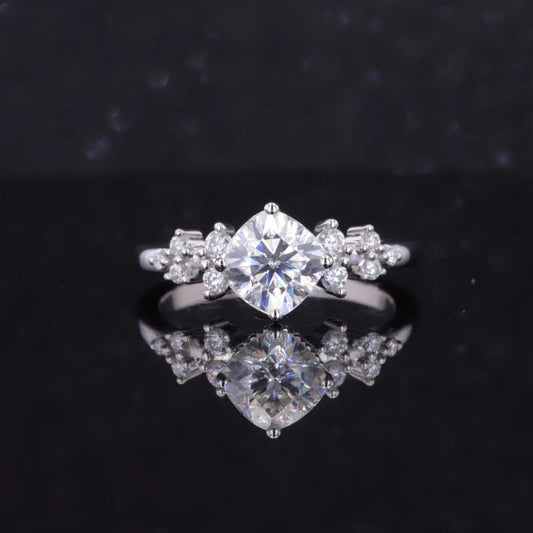 6.5mm Cushion Cut with Round Cut Moissanite Ring in Platinum 950