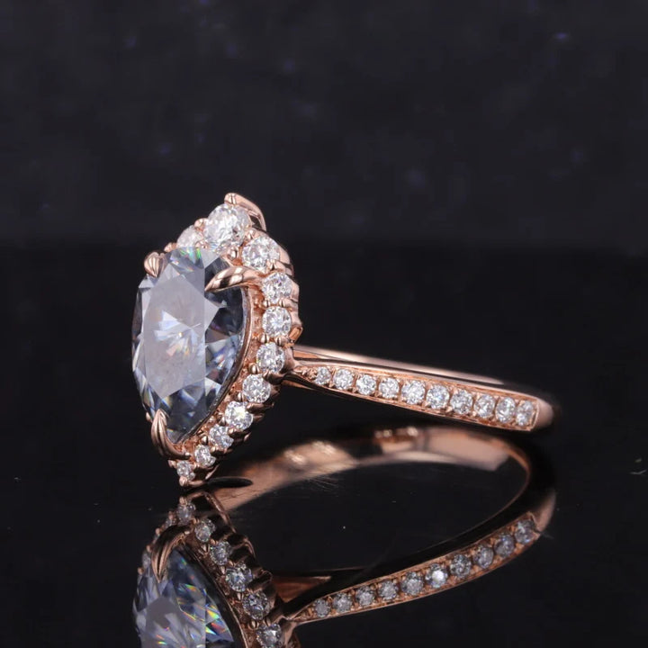7x9mm Pear Cut Grey Moissanite with Diamond Halo/Half-Eternity Ring in 14K Solid Rose Gold