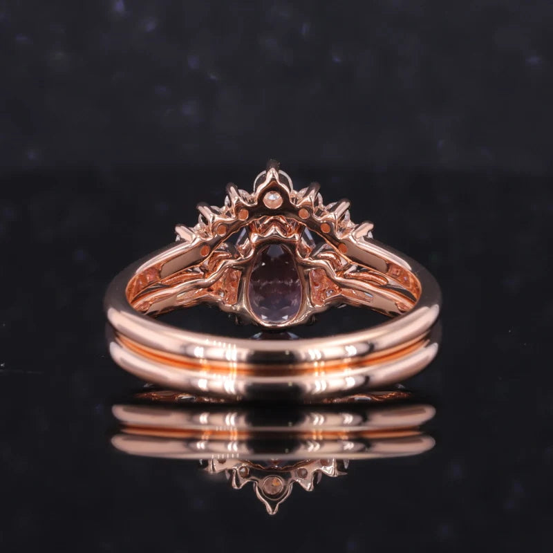 6*9mm, 1.60ct Pear Cut Alexandrite Ring with Diamond Stacking Band in 14K Solid Rose Gold