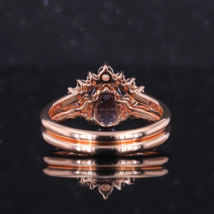 6*9mm, 1.60ct Pear Cut Alexandrite Ring with Diamond Stacking Band in 14K Solid Rose Gold