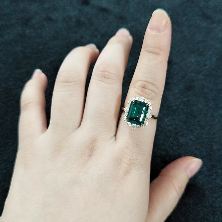 9x11mm, 4.60ct Lab-Grown Zambian Emerald with Diamond Halo Ring in 18K Yellow Gold
