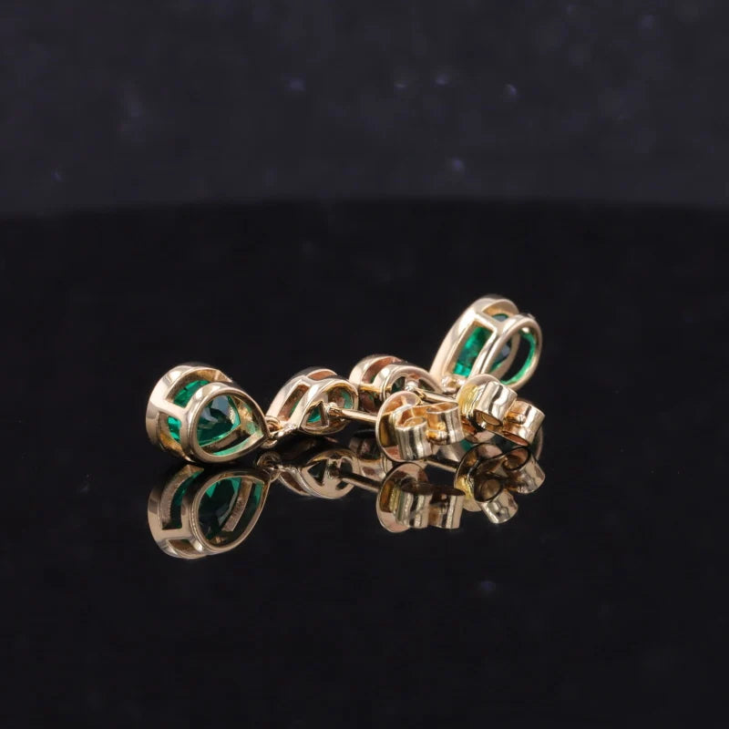 3x5mm and 1.5x3mm, 2.00ctw Pear Lab-Grown Colombian Emerald Dangle Earrings in 14K Yellow Gold