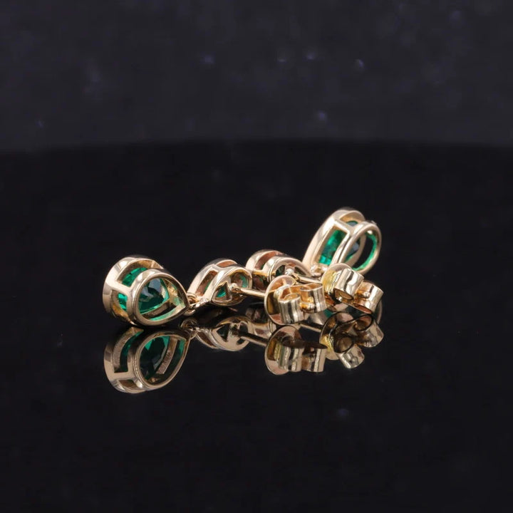3x5mm and 1.5x3mm, 2.00ctw Pear Lab-Grown Colombian Emerald Dangle Earrings in 14K Yellow Gold