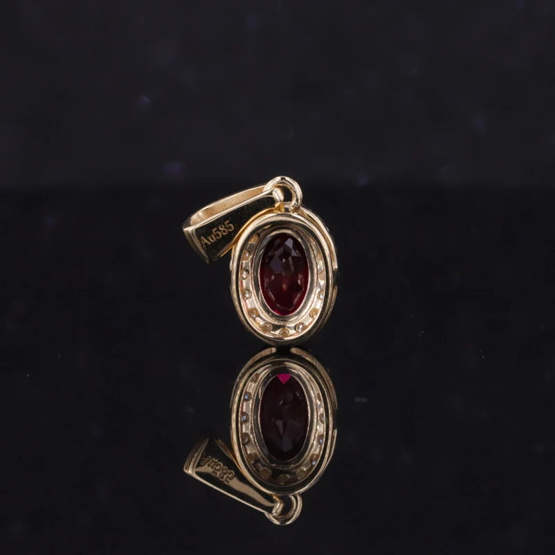 5x7mm, 1.25ct Oval Cut Ruby with Diamond Halo Pendant in 14K Solid Yellow Gold