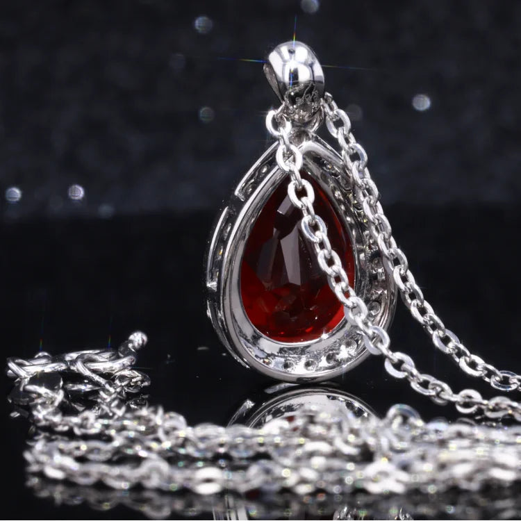 9x13mm, 7.00ct Pear Lab-Grown Red Ruby with Diamond Halo Pendant Necklace in Platinum