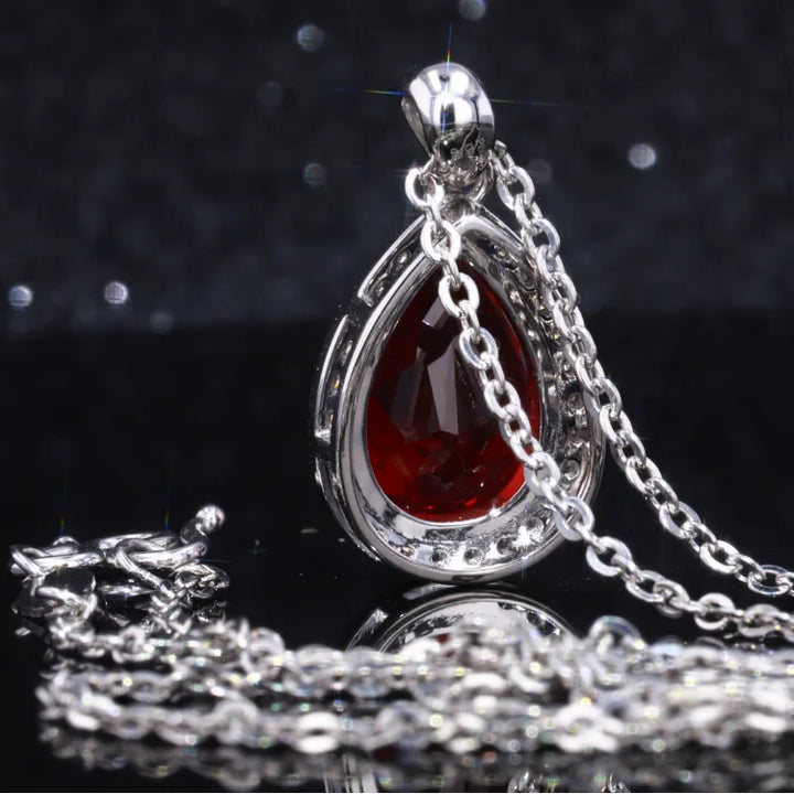 9x13mm, 7.00ct Pear Lab-Grown Red Ruby with Diamond Halo Pendant Necklace in Platinum