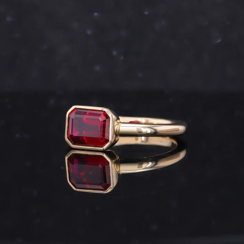 8*6mm Emerald Cut Red Ruby Bezel Set Ring in 10K Solid Yellow Gold